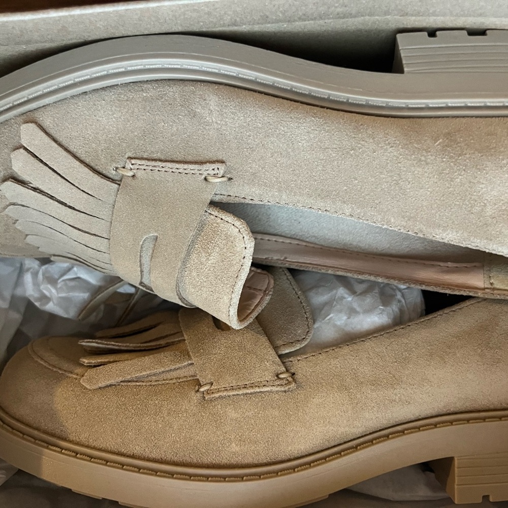 Clarks Tan Suede Loafers with Fringe Accent